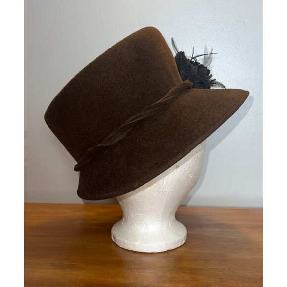Vintage Cloche Tall Bowler Hat Velvet Feather Floral Accent Women Meril - Picture 6 of 8